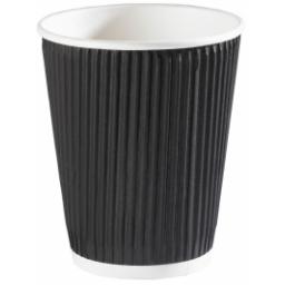 12oz Black Paper Coffee Cups Kraft Ripple 3 Ply Insulated For Tea Espresso Hot Drinks