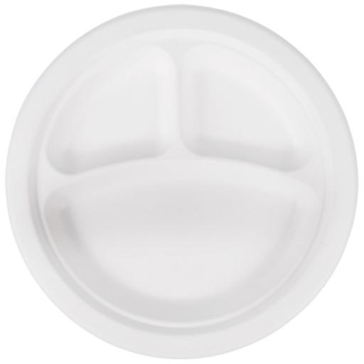 Round 10" 3 Section Compartment Strong White Paper Plates Compostable Bagasse  - 26cm