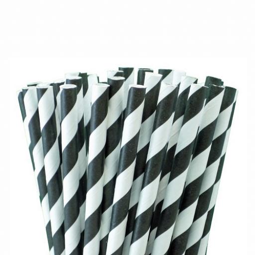 Black Striped Paper Drinking Straws - Biodegradable Eco Recyclable - 200mm x 6mm