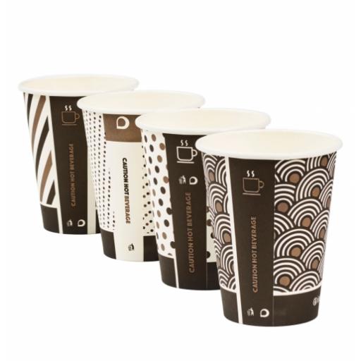 12oz Compostable Bamboo Mixed Design Coffee Cups CPLA Single Wall Disposable Tea Cappuccino Hot Drinks