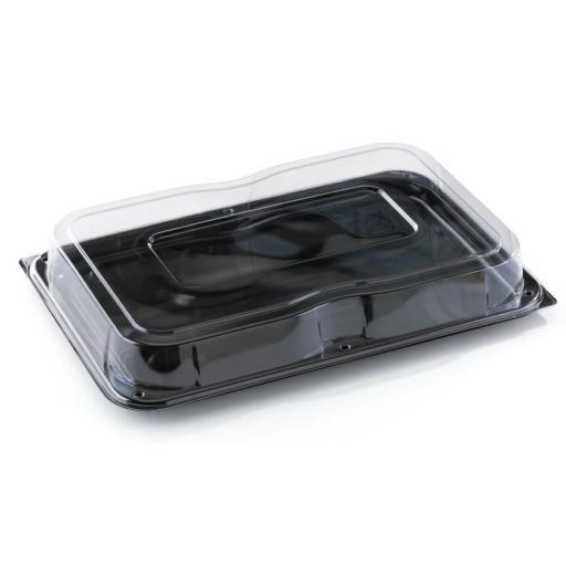 Sabert Mini Small Black Plastic Rectangle Serving Buffet Platters + Lids - 24x17cm