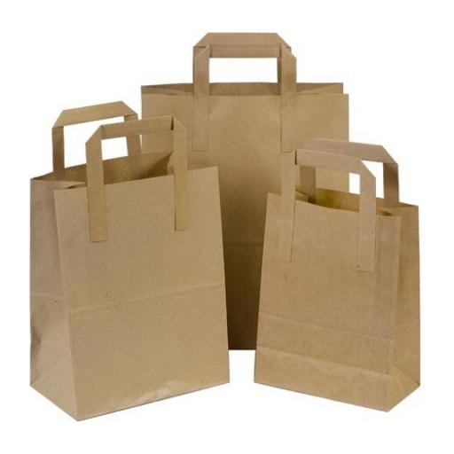 250 x Brown Large SOS Kraft Paper Bags Tape Handle Carrier Takeaways