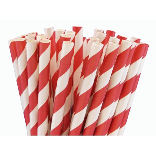 Red Striped Paper Smoothie Drinking Straws - Compostable - 200mm x 8mm