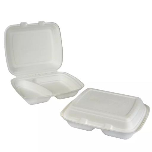 MB2 White 9" Paper 2 Compartment Section Meal Box Containers - Compostable Bagasse